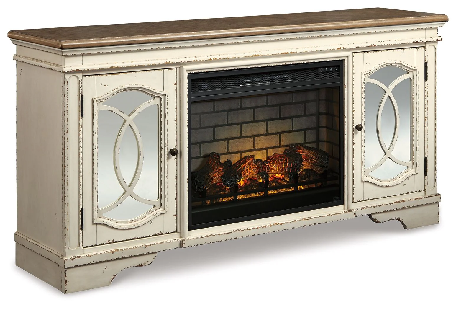Realyn – 2 Pc. – 74″ TV Stand With Electric Infrared Fireplace Insert – Chipped White