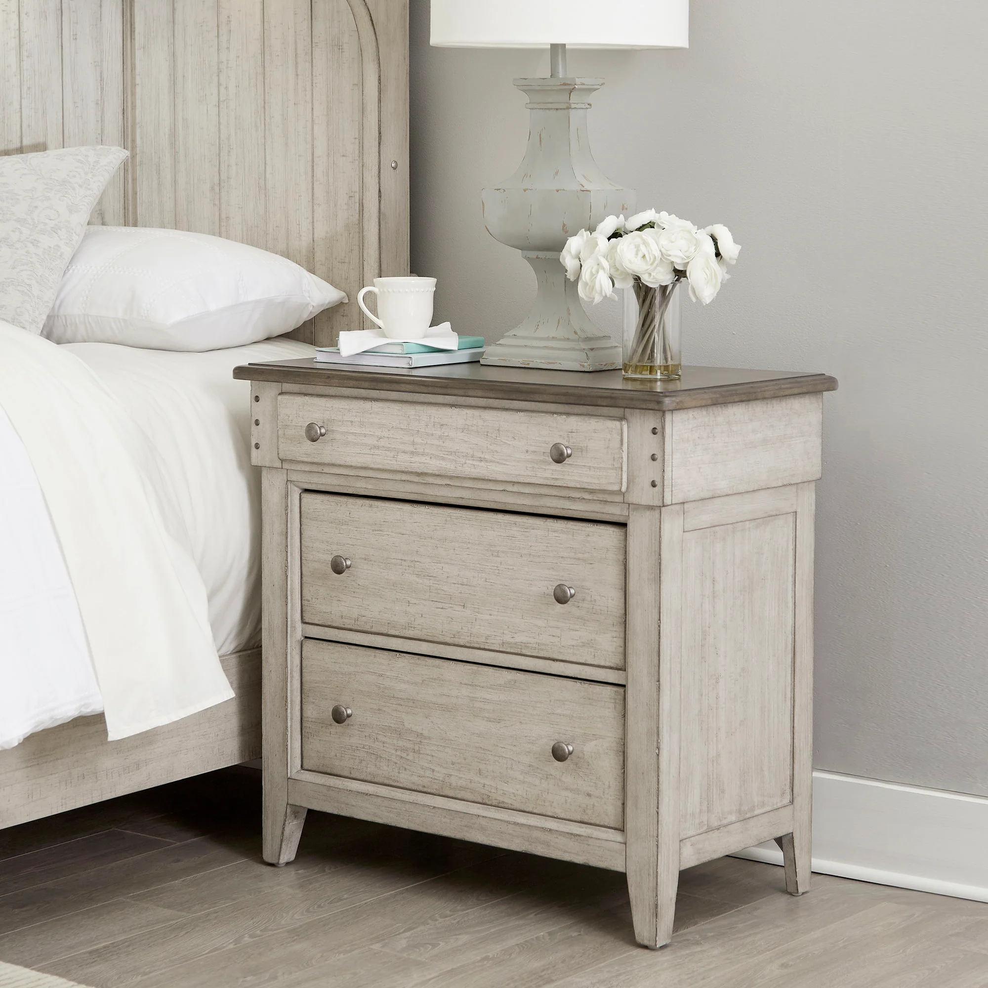 Ivy Hollow - 3 Drawer Bedside Chest With Charging Station - Weathered Linen / Dusty Taupe - Image 1