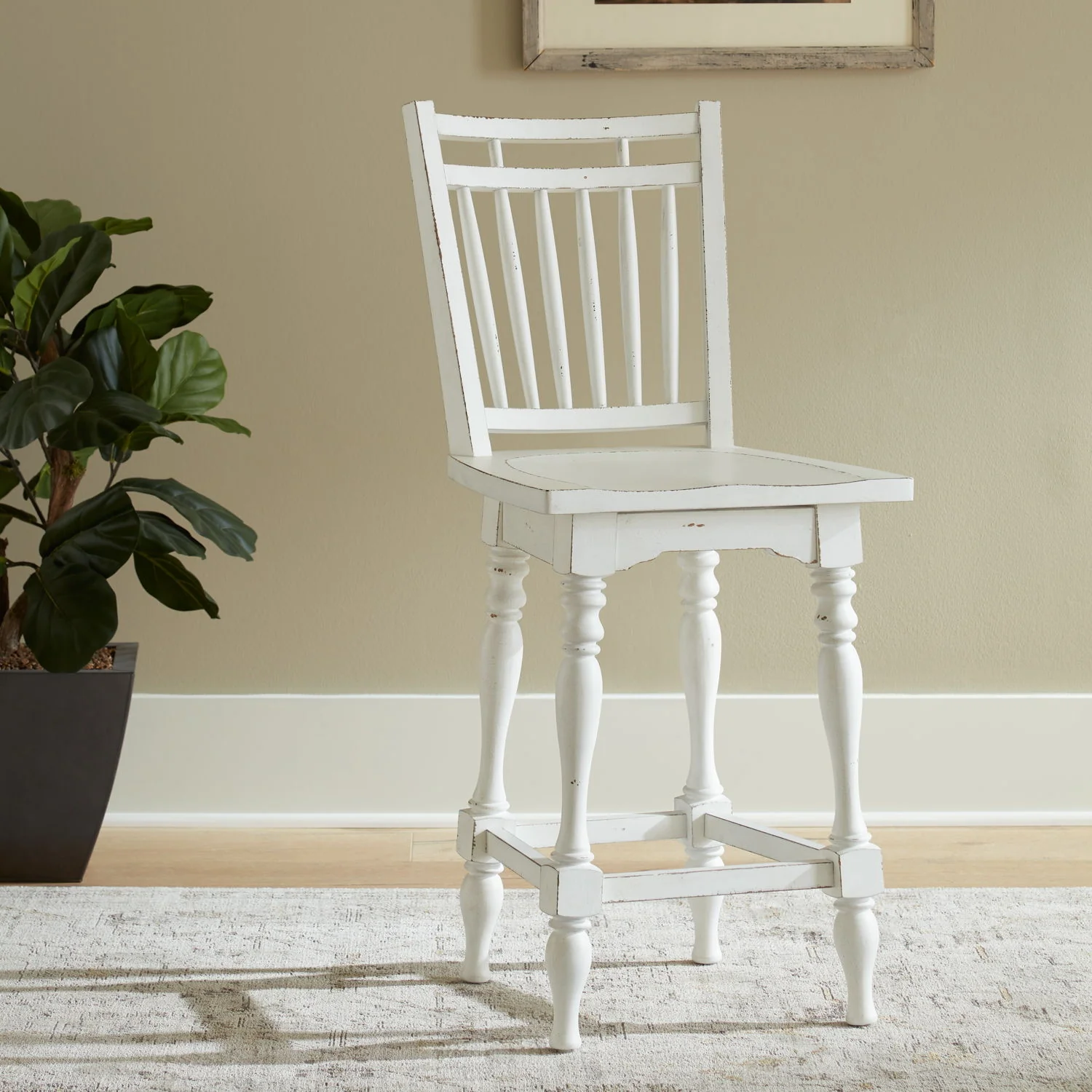 Magnolia Manor – Spindle Back Swivel Counter Height Chair – Antique White