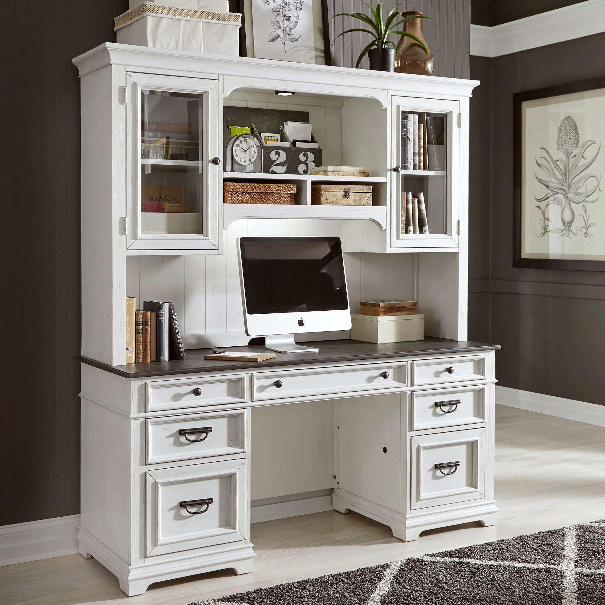 Allyson Park – Credenza & Hutch – Wirebrushed White / Charcoal