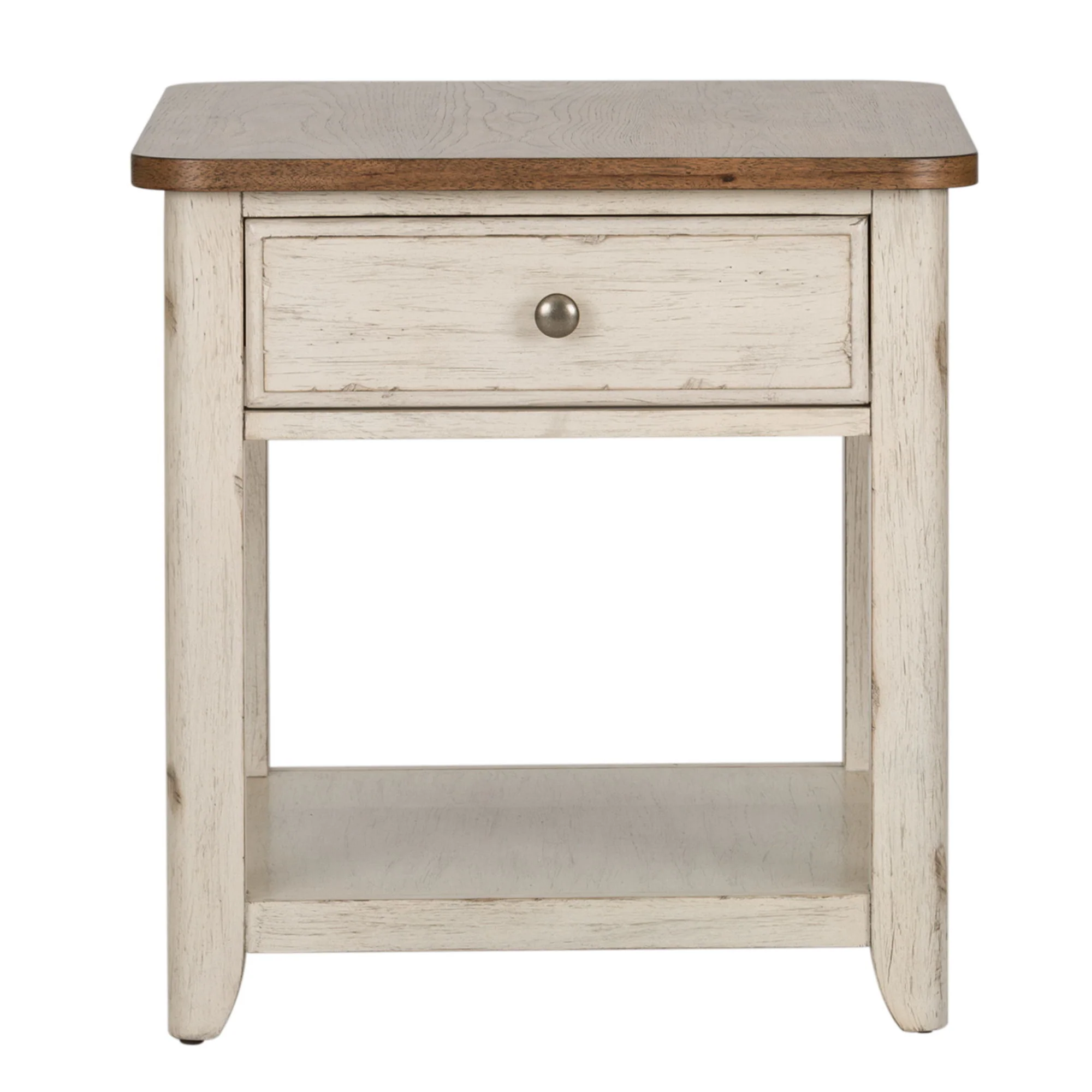 Farmhouse Reimagined – End Table With Basket – Antique White / Chestnut Tops