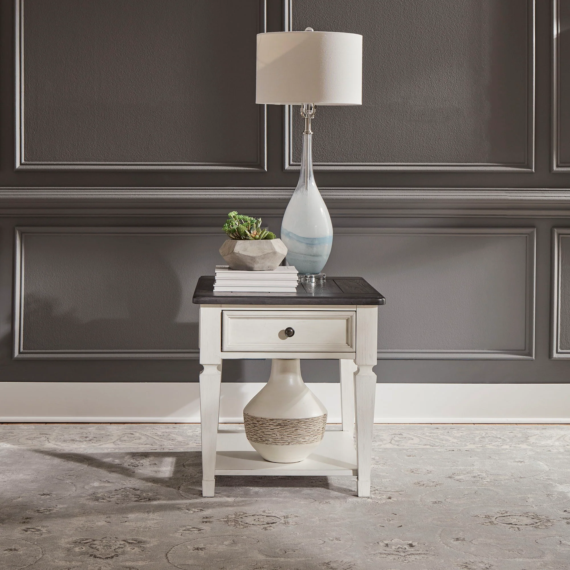 Allyson Park - Drawer End Table - Wirebrushed White / Charcoal - Image 1