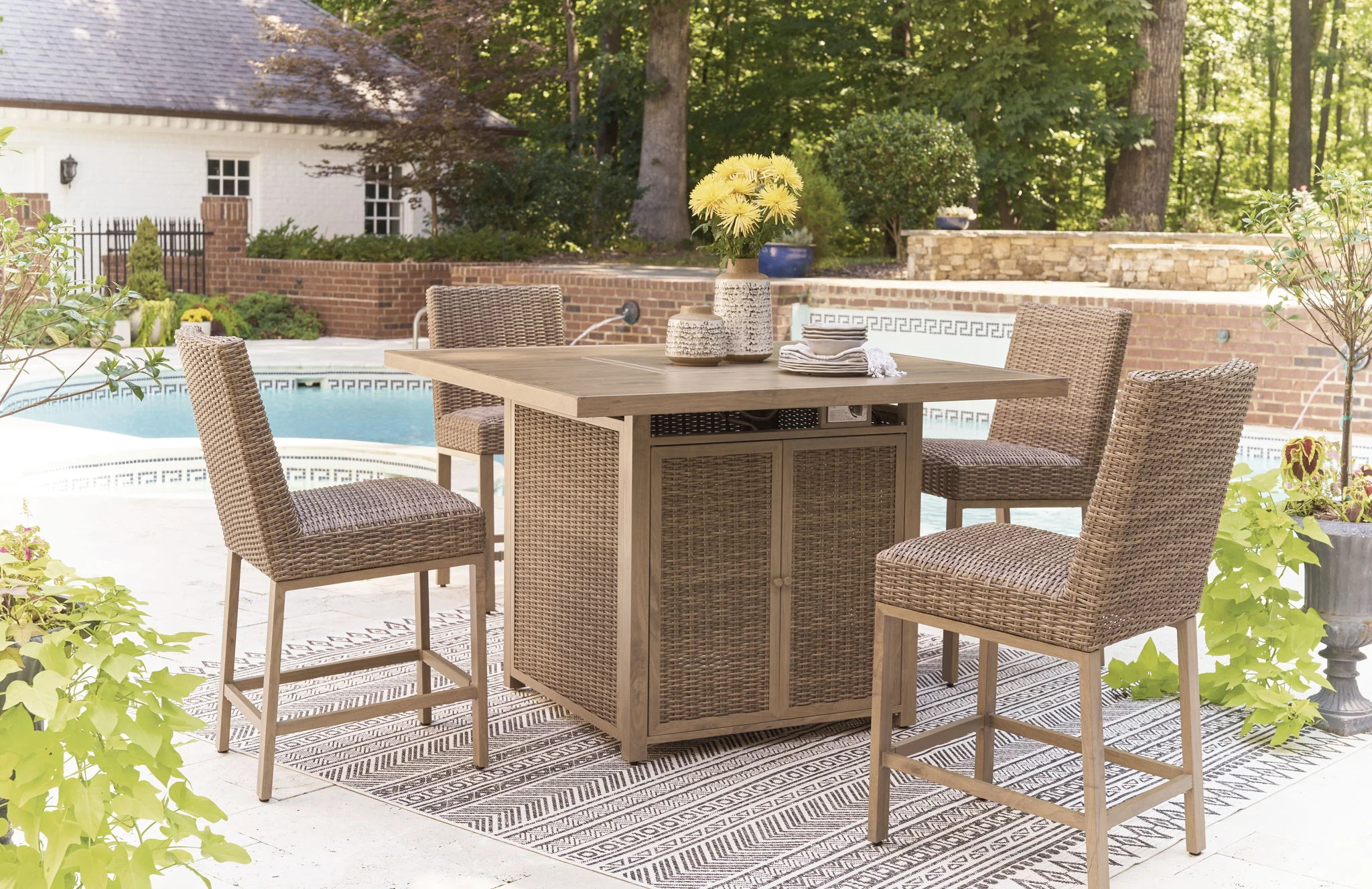 Walton Bridge – 5 Pc. – Square Bar Table W/Fire Pit, 4 Barstools – Driftwood