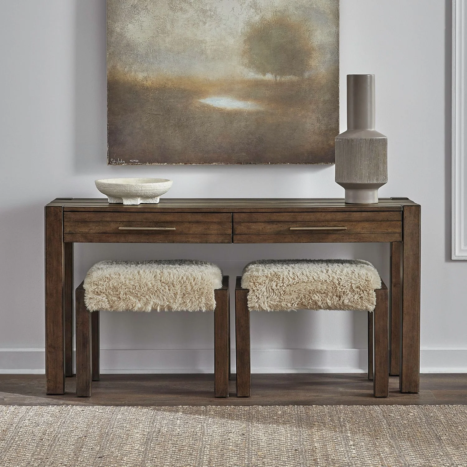 Broadmore – 3 Piece Table Set (1 Console Table 2 Console Stools) – Cobblestone Brown
