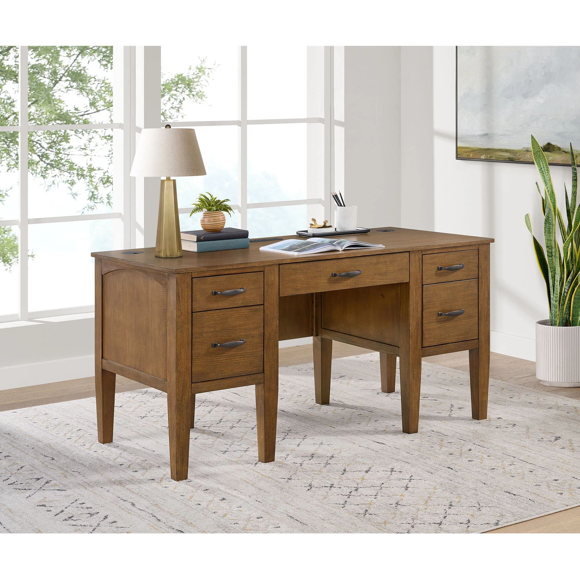 Portico - Half Pedestal Desk With Power / USB - Brown Oak - Image 3