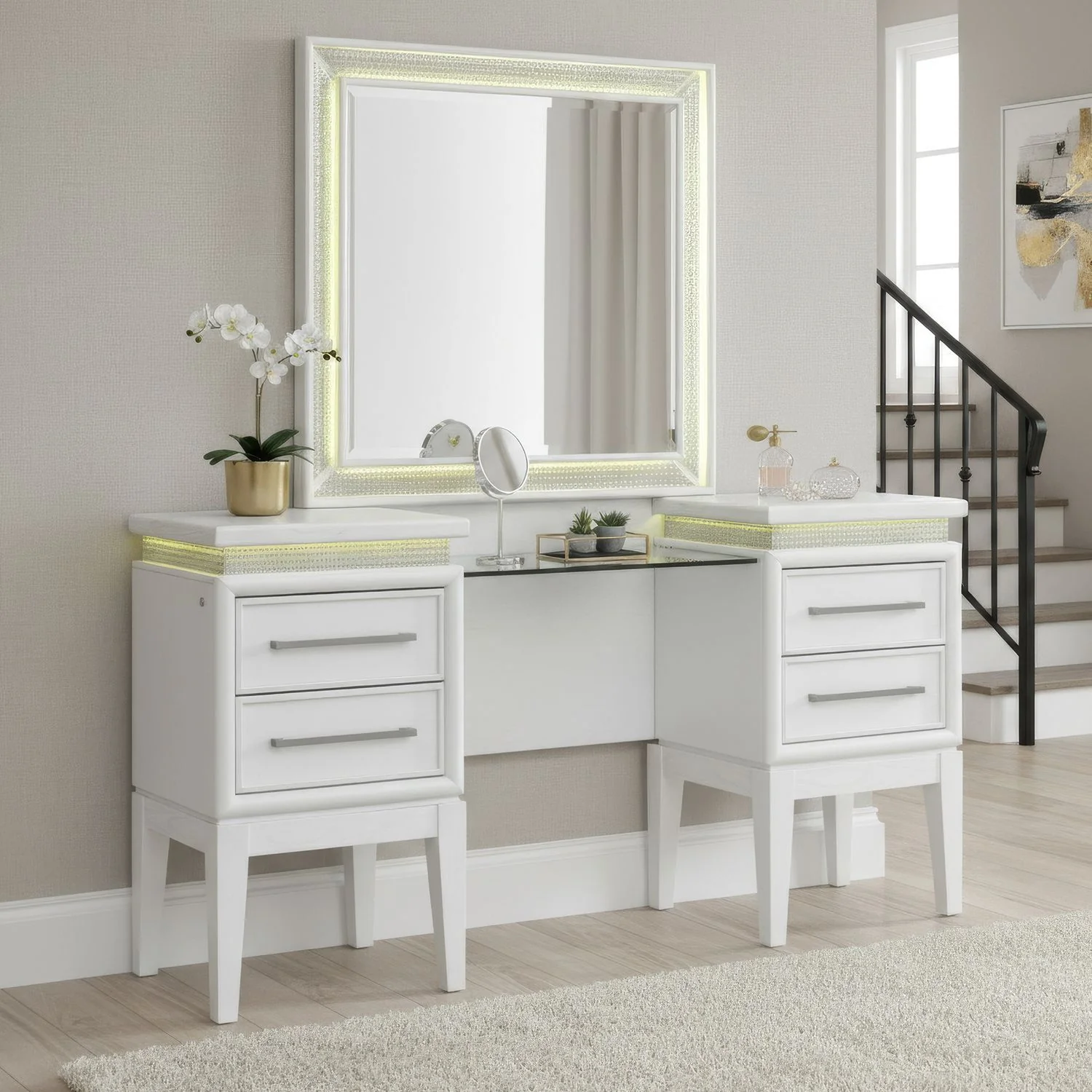 Reflections – Vanity Desk – Pearl White & Rhinestone