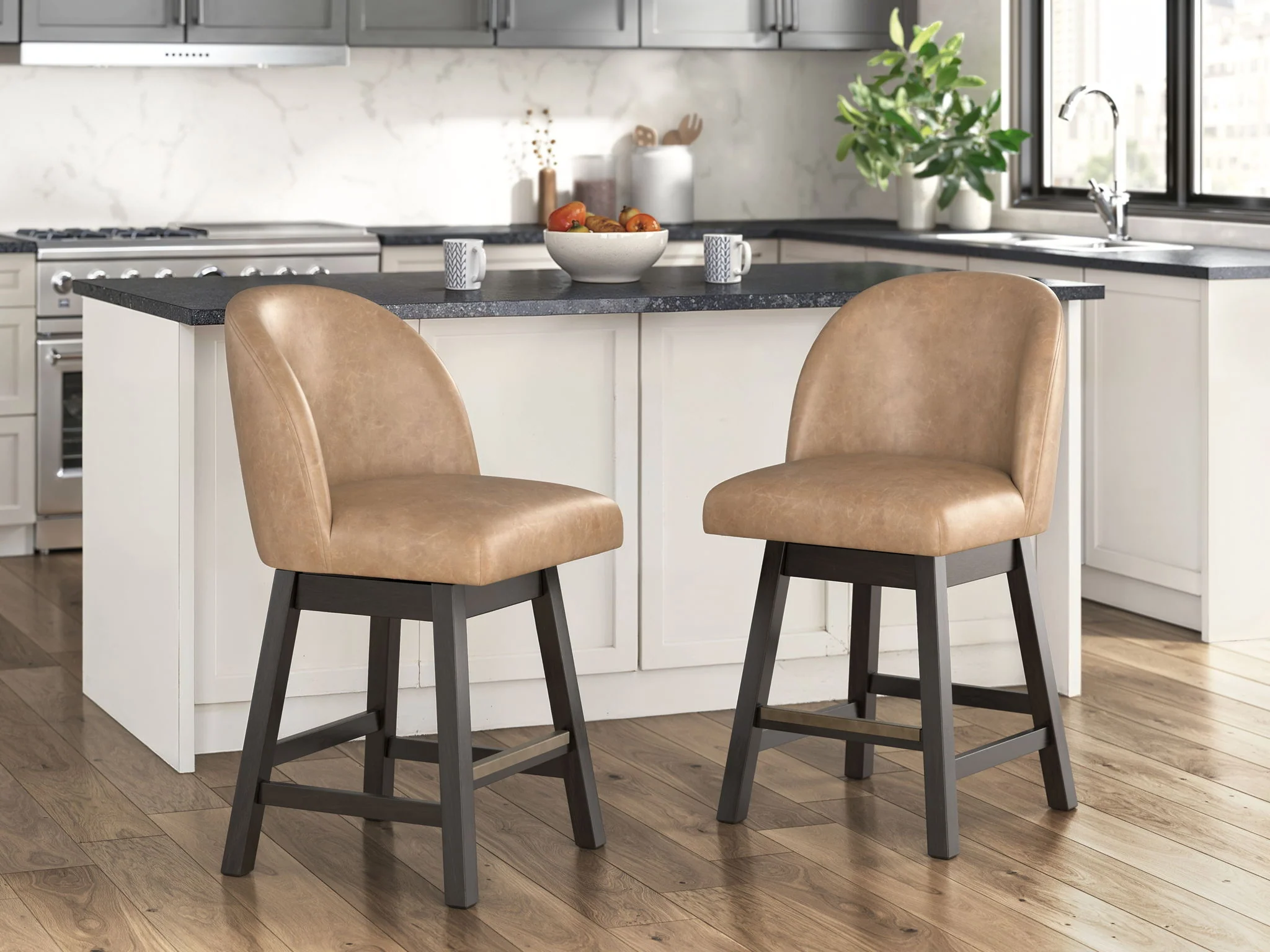 Neymorton - Upholstered Swivel Faux Leather Barstool (Set of 2) - Dark Grayish Brown - Image 2