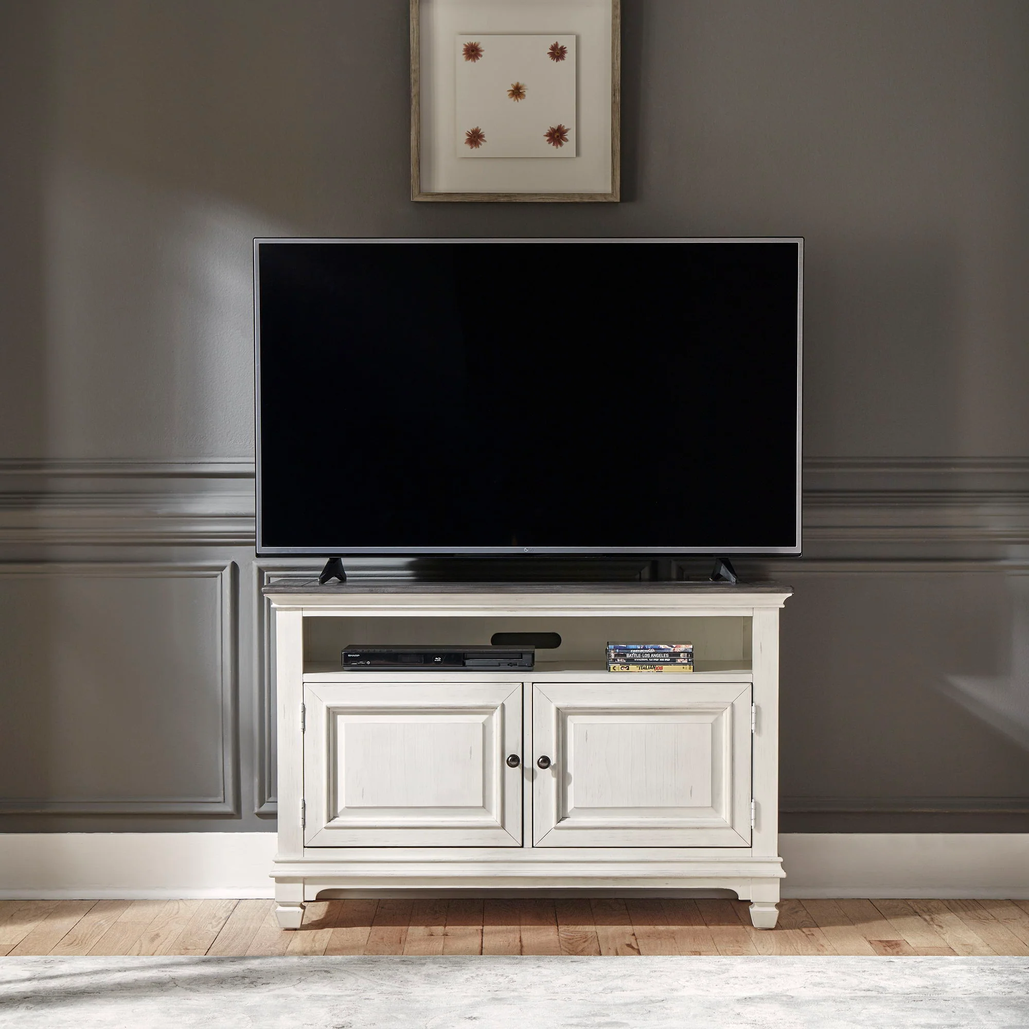 Allyson Park – 46″ TV Console – Wirebrushed White / Charcoal