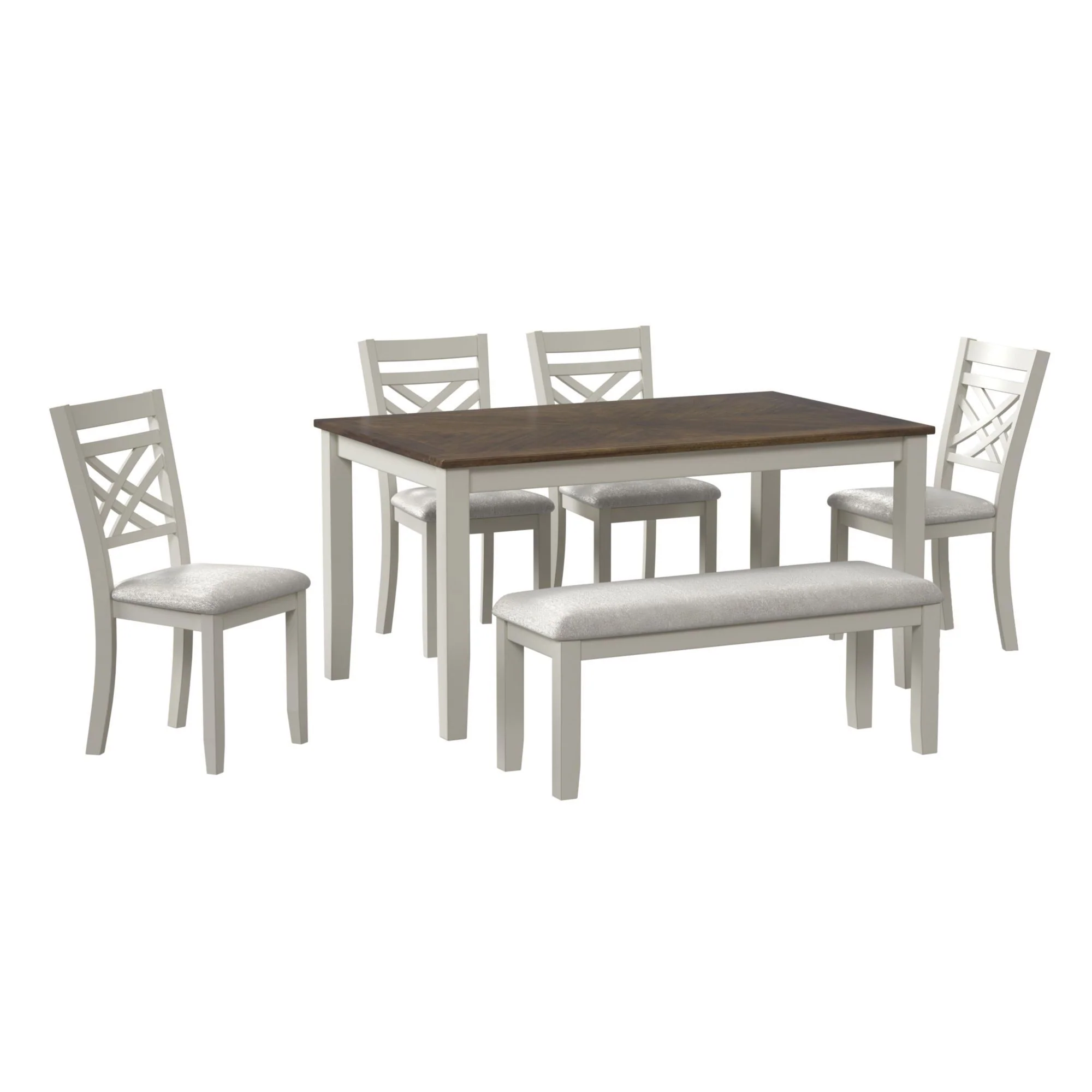 Brooks – 6 Piece Dining Set With Table, 4 Wood Back And Upholstered Seat Chairs, And Bench