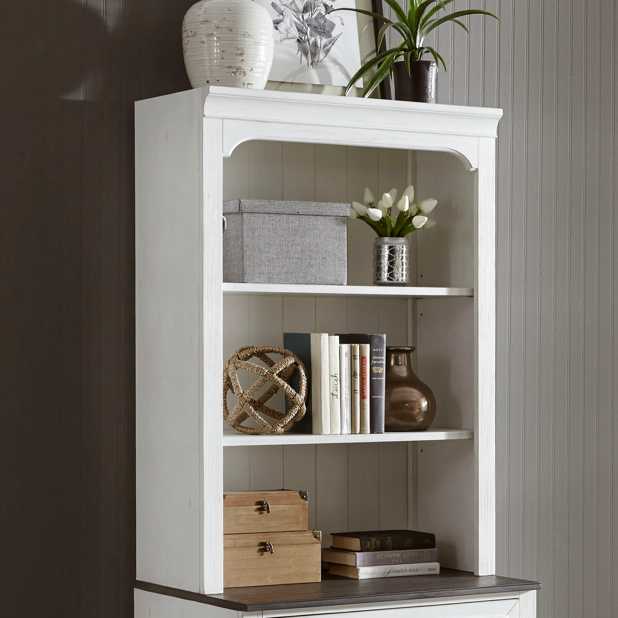 Allyson Park – Bunching Lateral File Hutch – Wirebrushed White / Charcoal