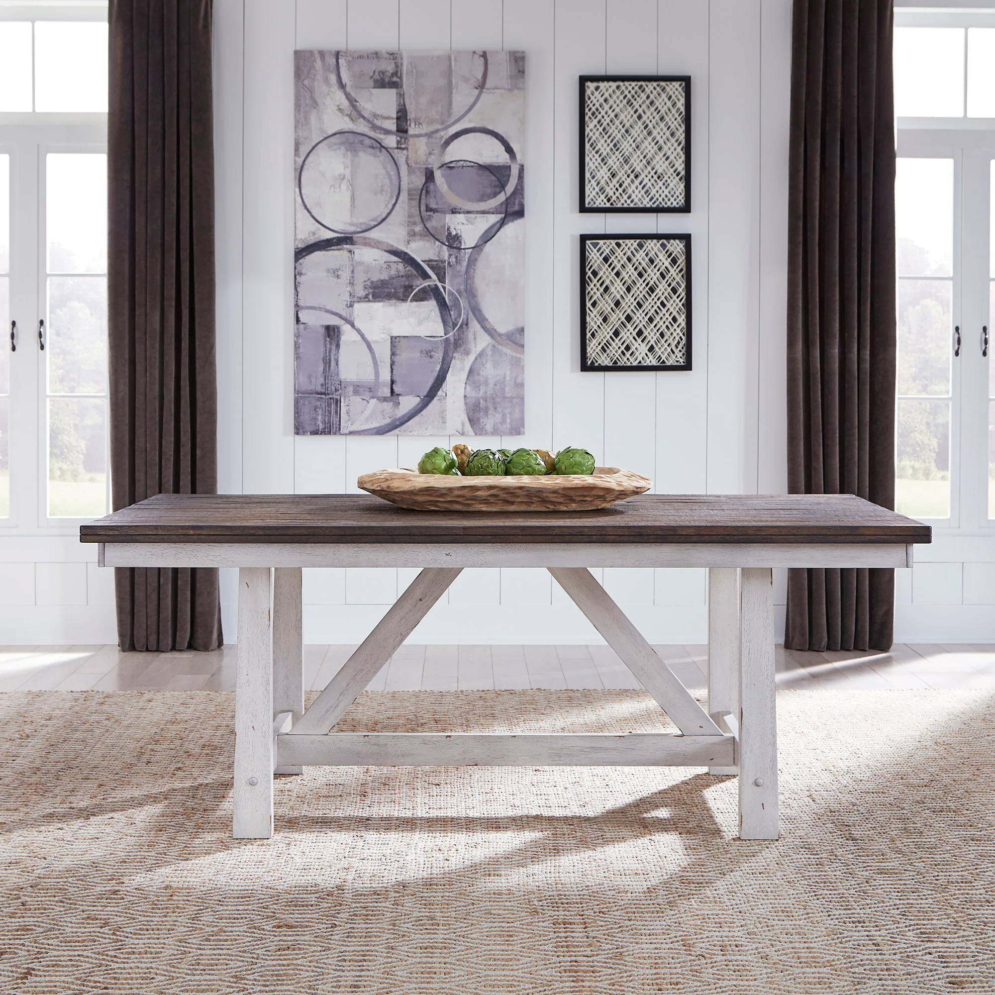 Farmhouse - Fixed Top Trestle Table - Two Tone White / Wood Tone - Image 1