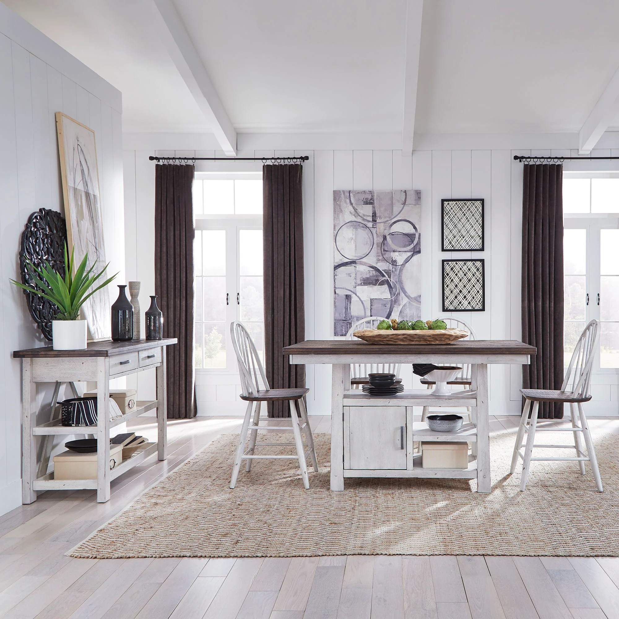 Farmhouse - 5 Piece Gathering Table Set - Two Tone White / Wood Tone - Image 1