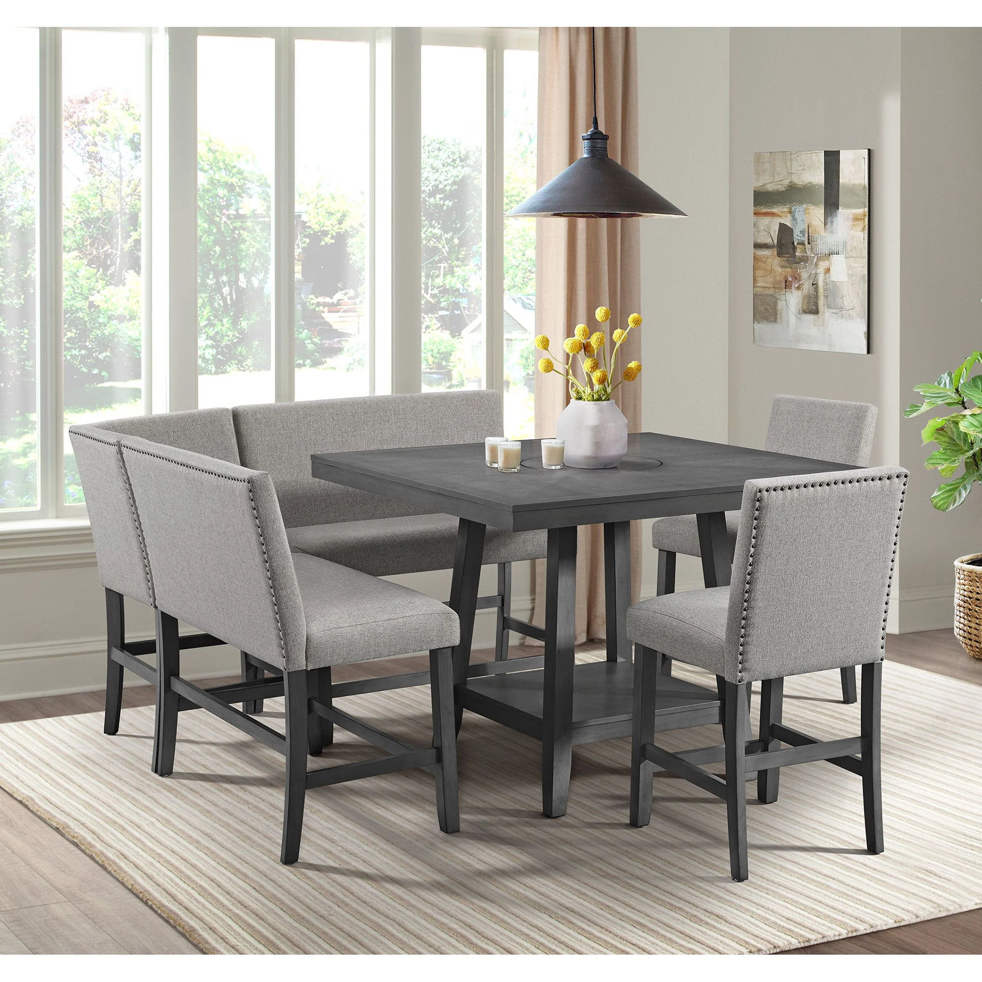 Seneca – Counter 3 Piece Corner Fabric Bench – Gray