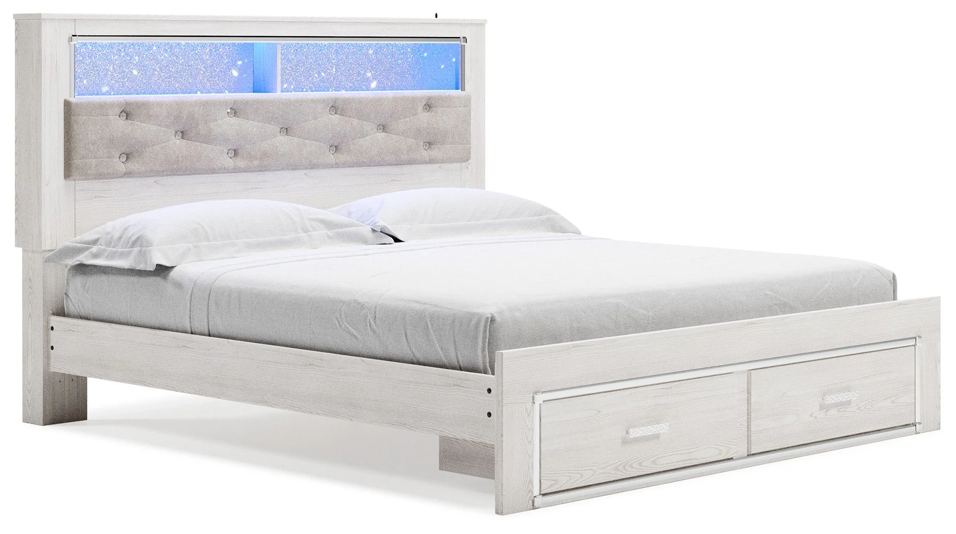 Altyra – King Upholstered Bookcase Bed With Storage – White