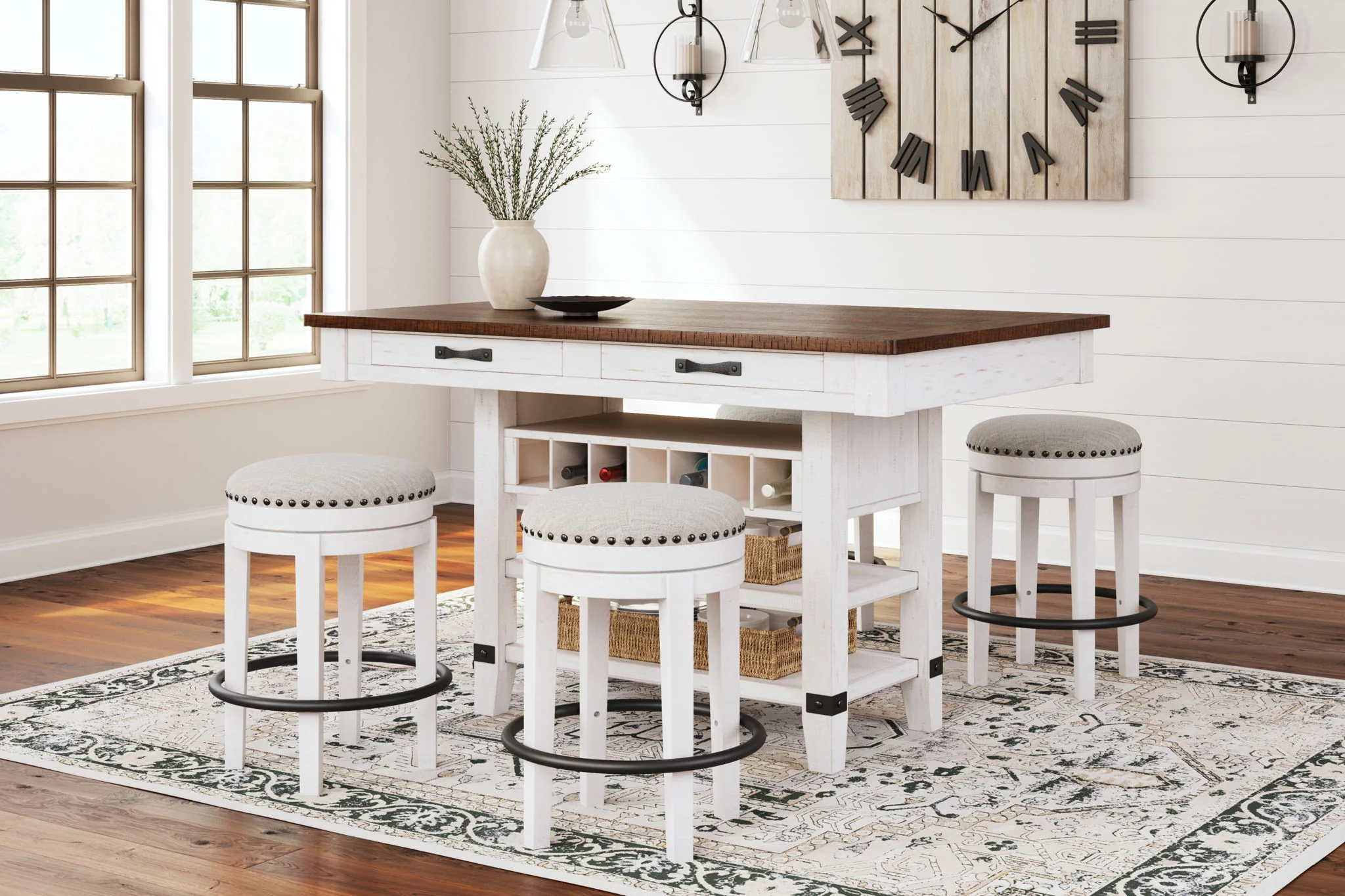 Valebeck - 5 Pc. - Counter Table With Wine Rack, 4 Swivel Stools - White / Brown - Image 1
