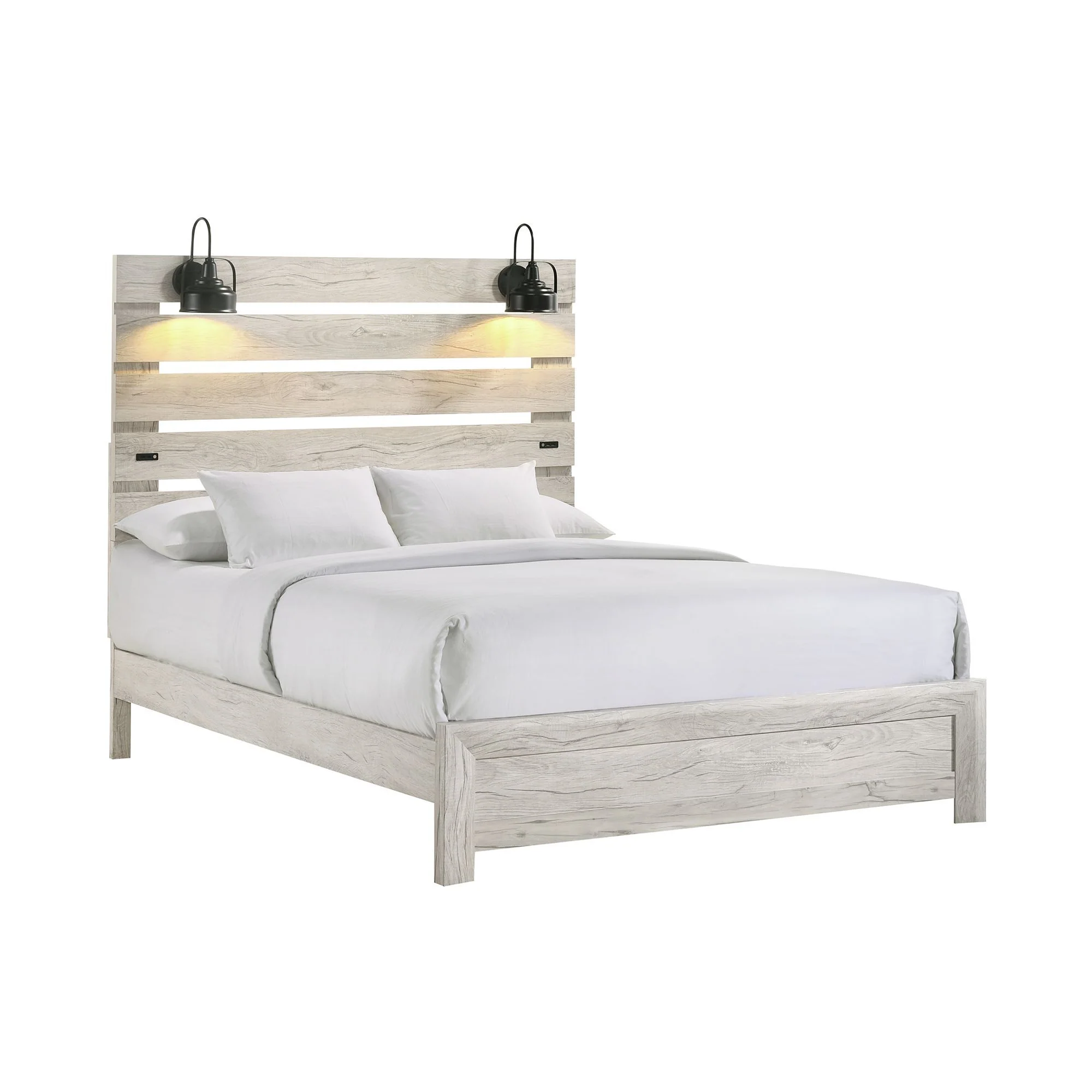 Fort Worth - Full Headboard & Footboard With Lights & USB & 4 Slats & 4 Support Legs - White - Image 1