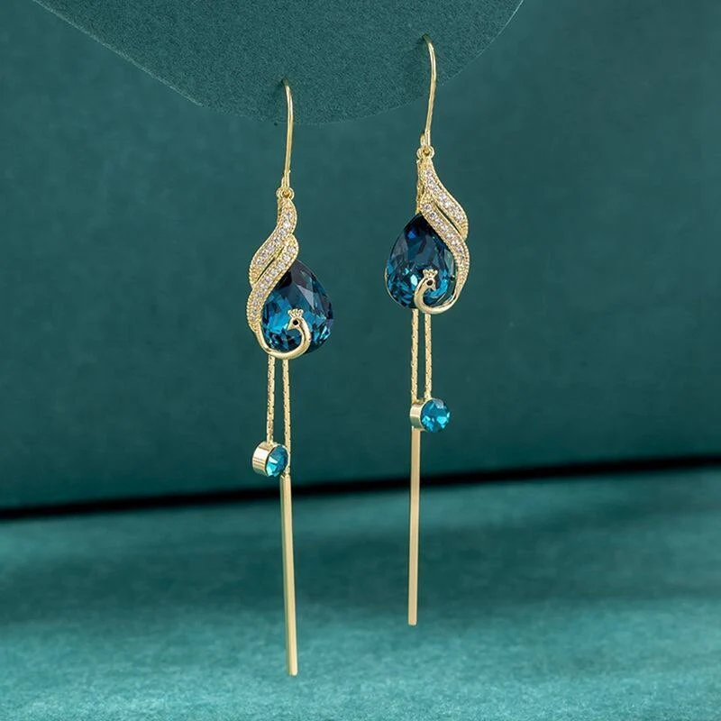 Korean Style Blue Crystal Phoenix Earrings - Image 1
