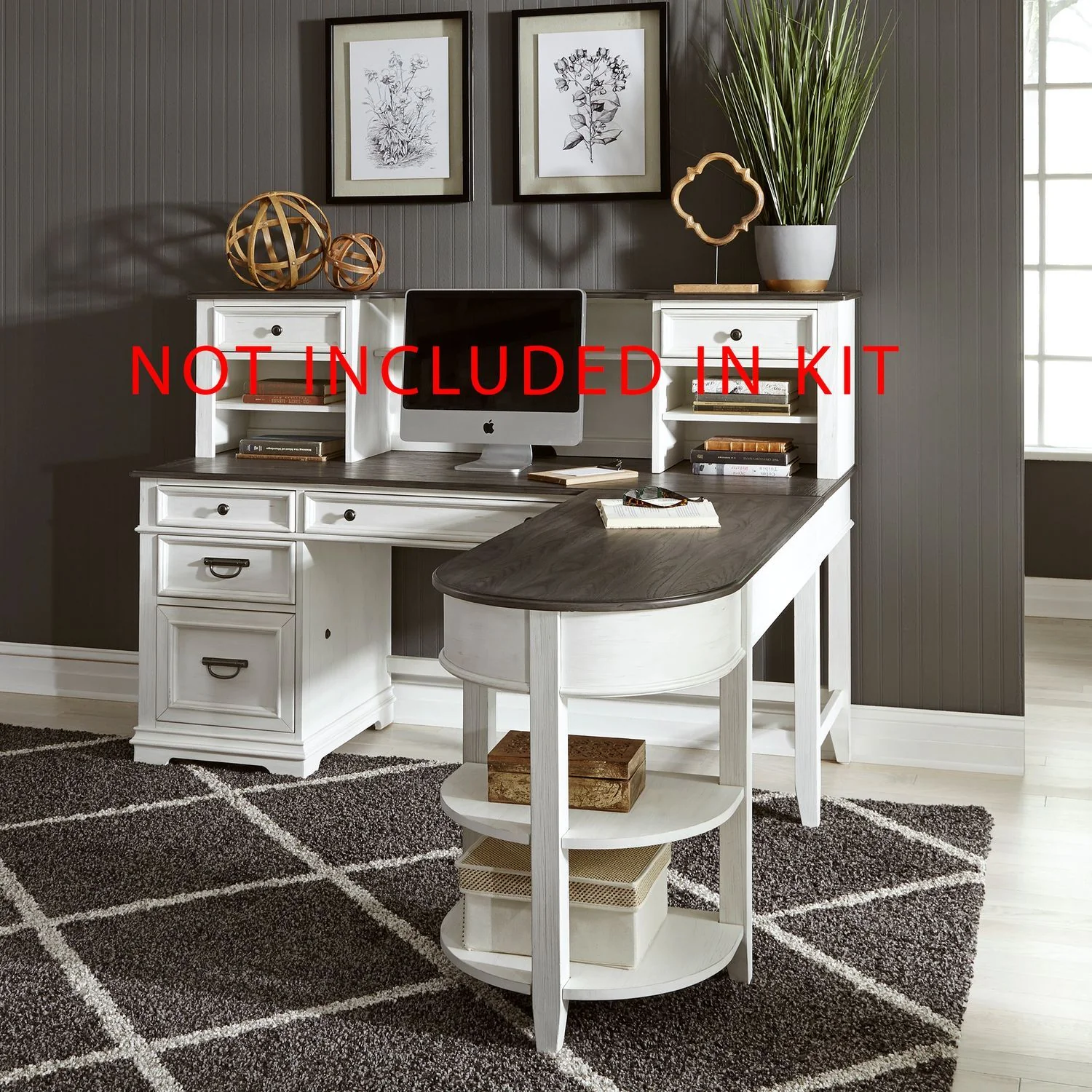 Allyson Park – Optional L Shaped Desk Set – Wirebrushed White / Charcoal