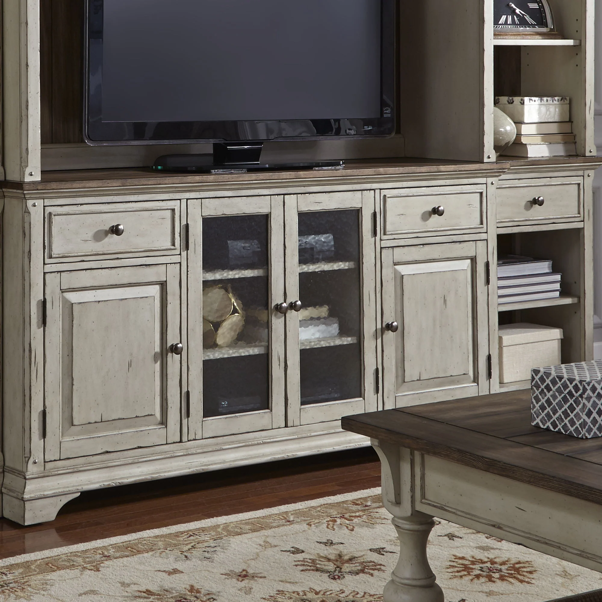 Morgan Creek - Entertainment TV Stand - Antique White / Wirebrushed Tobacco Accents - Image 1