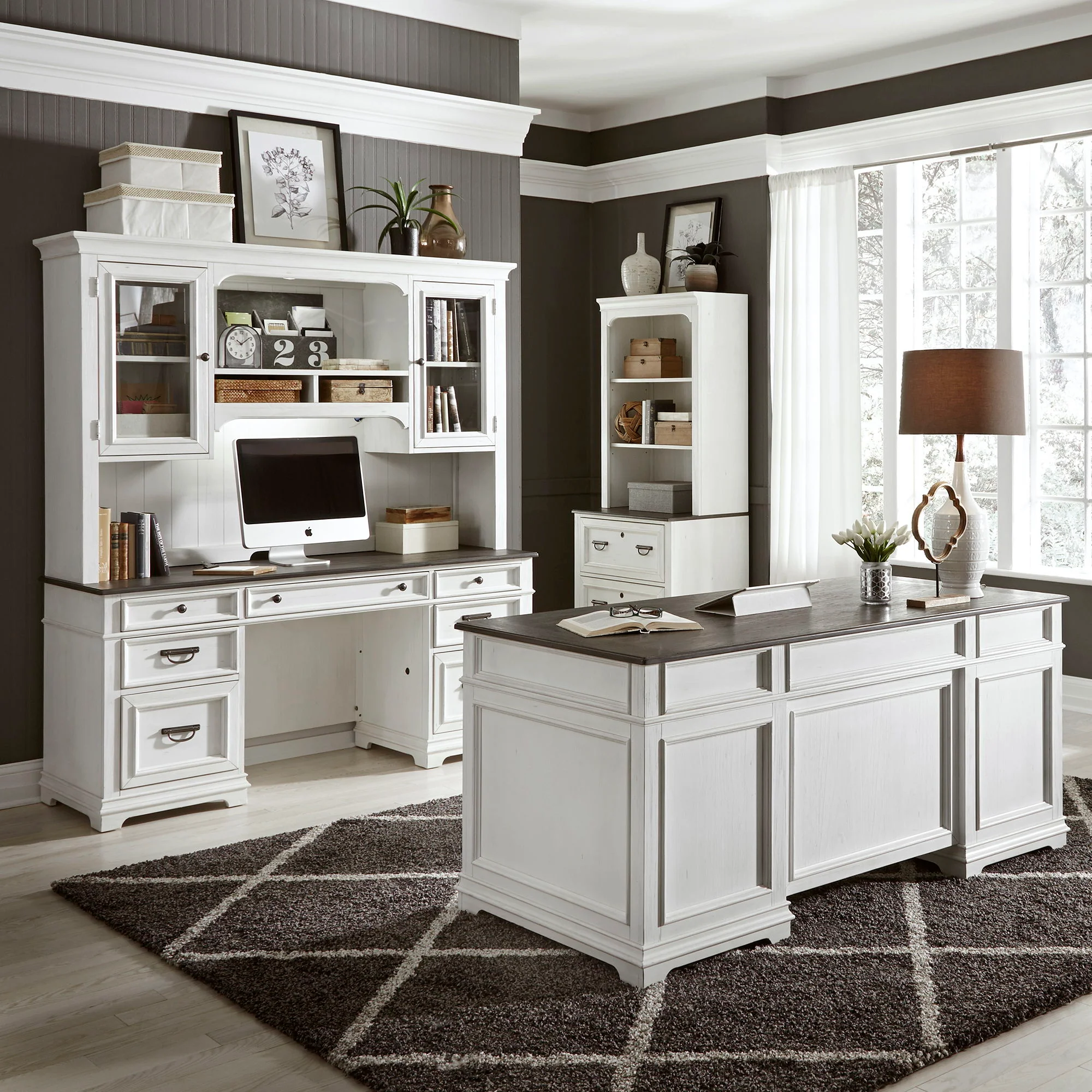 Allyson Park – 3 Piece Home Office Set (Complete Desk) – Wirebrushed White / Charcoal