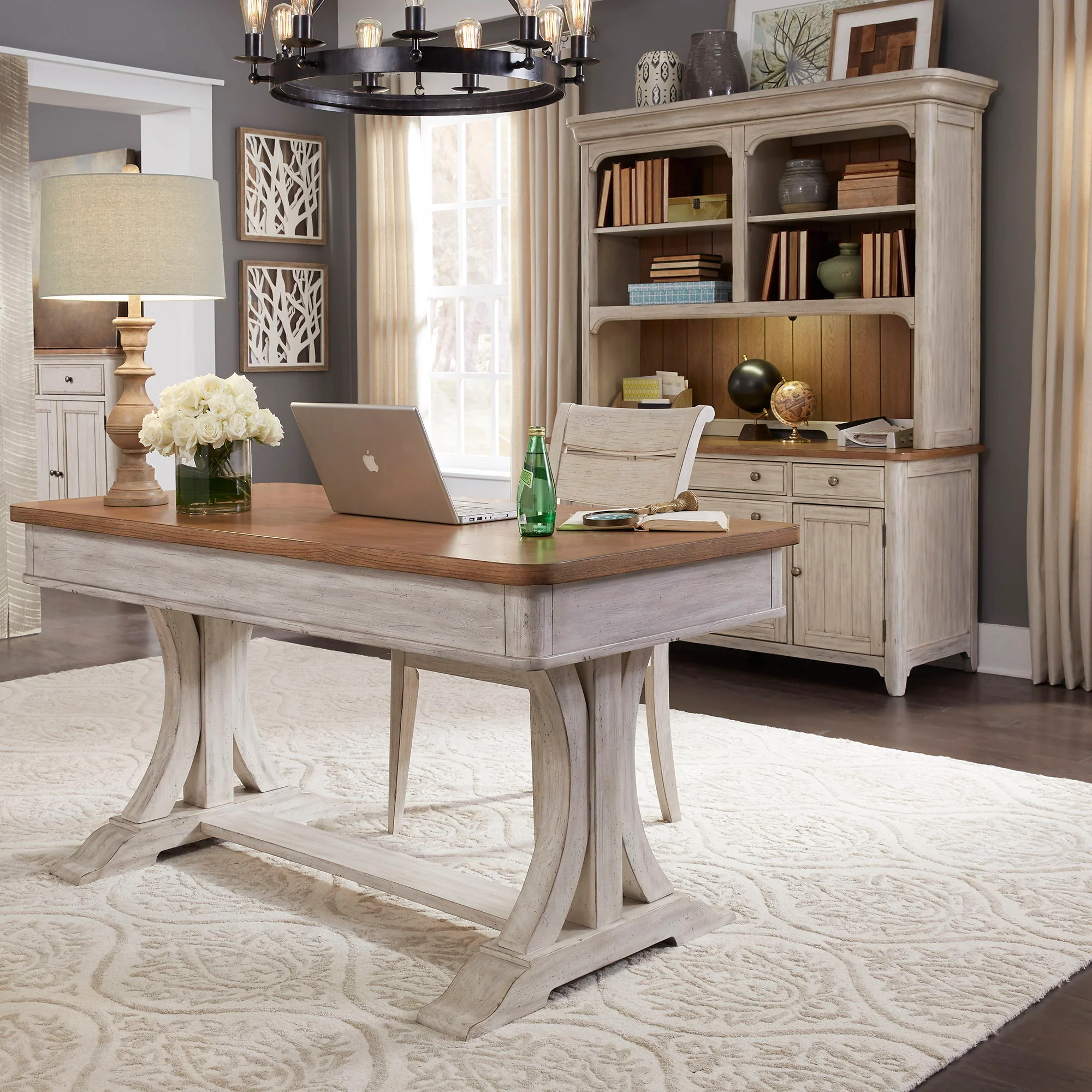 Farmhouse Reimagined – 3 Piece Home Office Set (Desk & Hutch) – Antique White / Chestnut Tops
