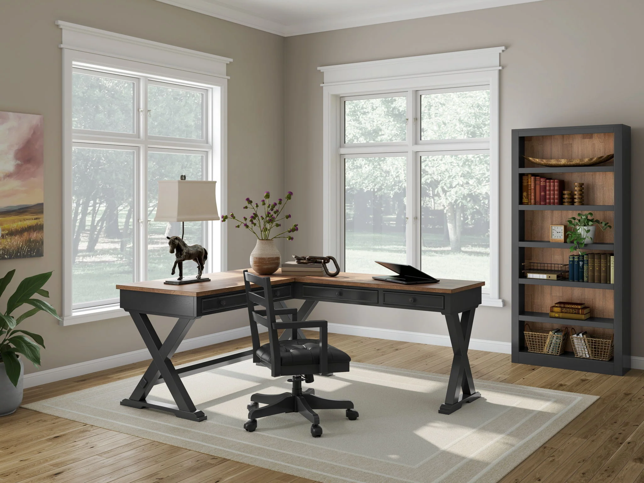 Wildenauer – 4 Pc. – Home Office Desk And Return, Swivel Desk Chair, Bookcase – Brown / Black