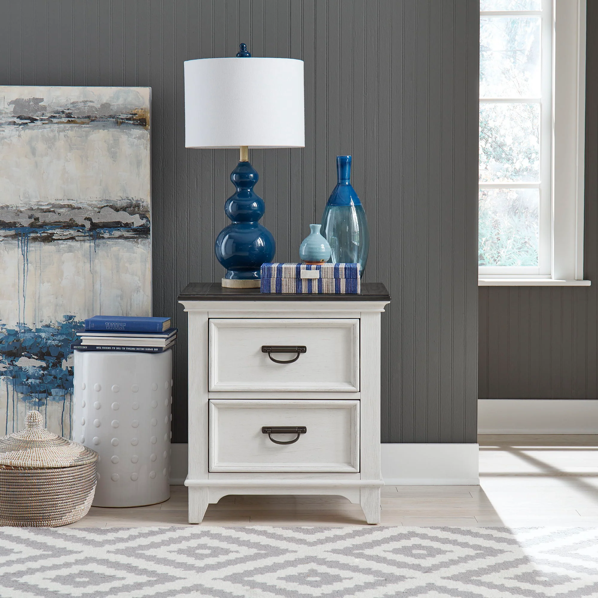Allyson Park - 2 Drawer Nightstand With Charging Station - Wirebrushed White / Charcoal - Image 1