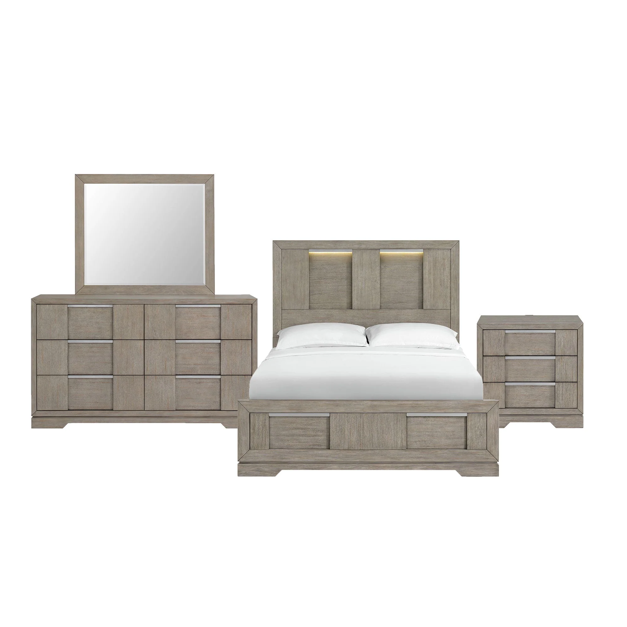 Kelis – 4 Piece Bedroom Set With Queen Panel Bed And LED – Gray