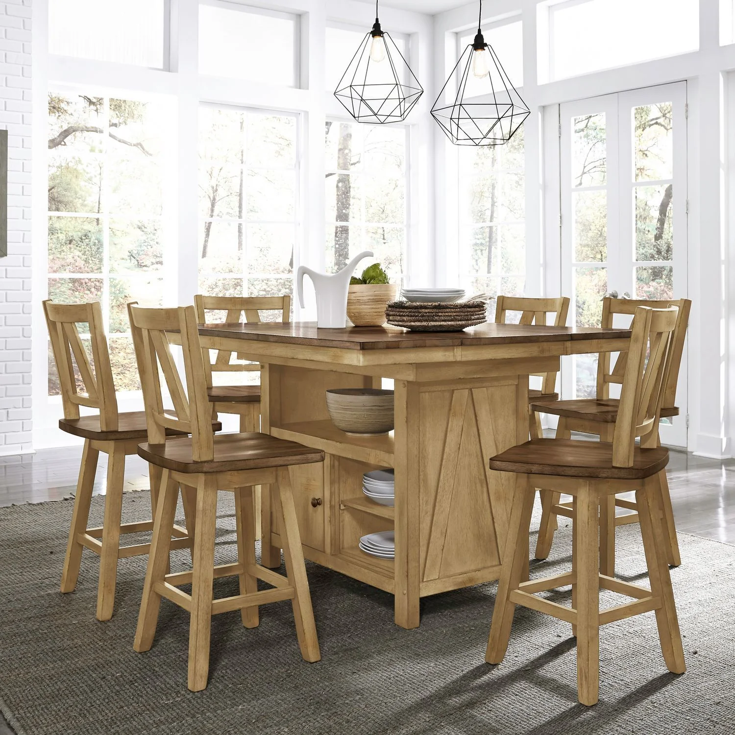 Lindsey Farm – 7 Piece Gathering Table Set – Natural & Brown