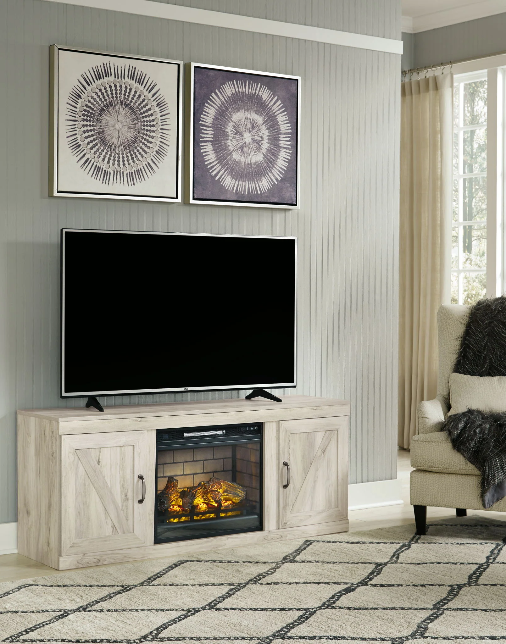 Bellaby – TV Stand With Faux Firebrick Fireplace Insert – Whitewash