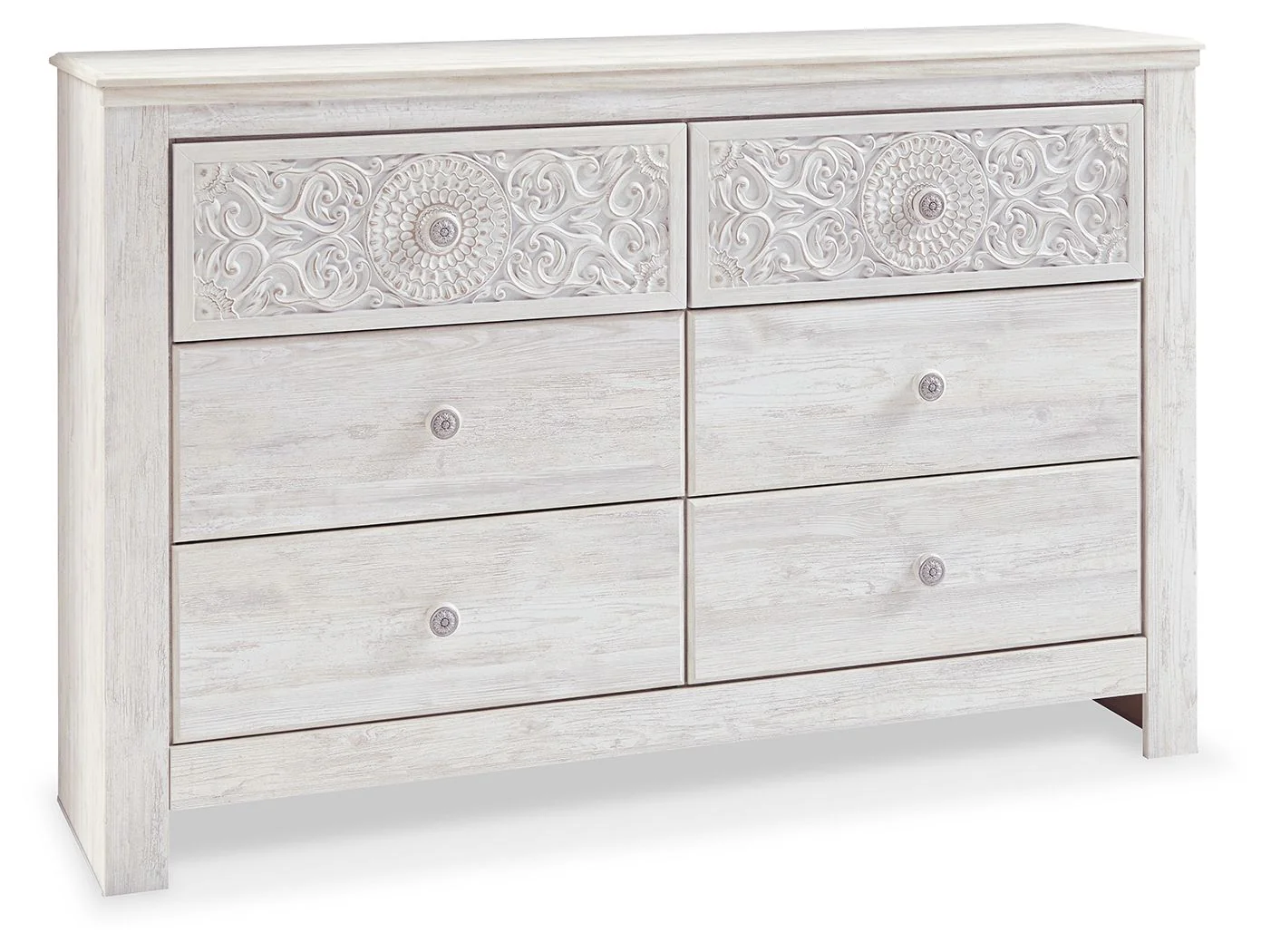 Paxberry – Six Drawer Dresser – Medallion Drawer Pulls – Whitewash