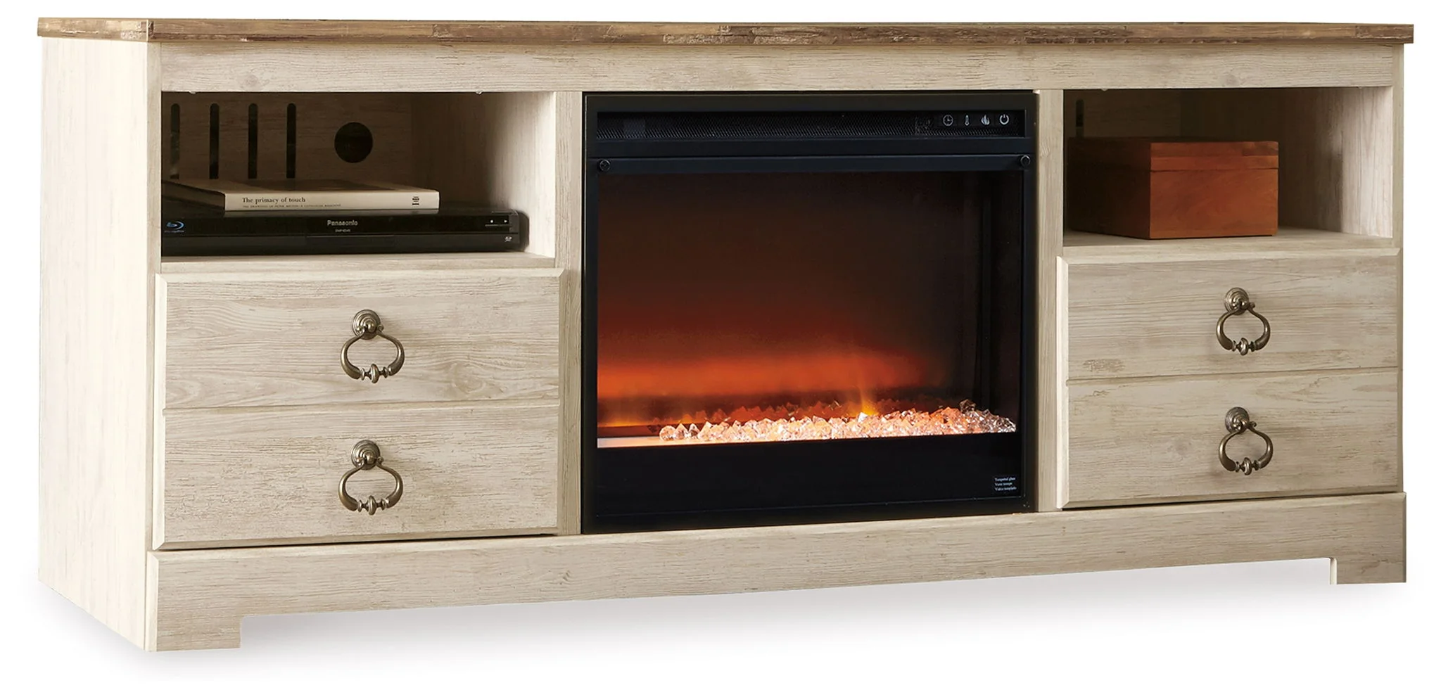 Willowton – 64″ TV Stand With Glass/Stone Fireplace Insert – Whitewash