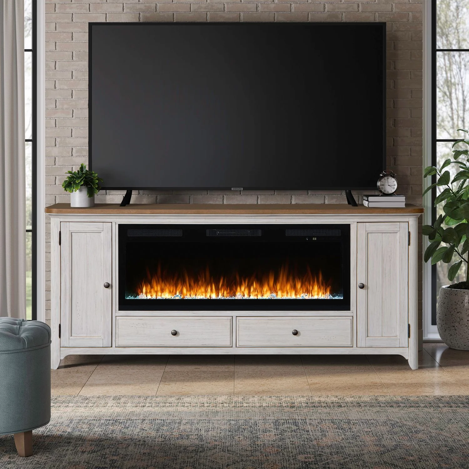 Fireplace TV Consoles – 80″ Console With Fire FTS Set – Brown / White