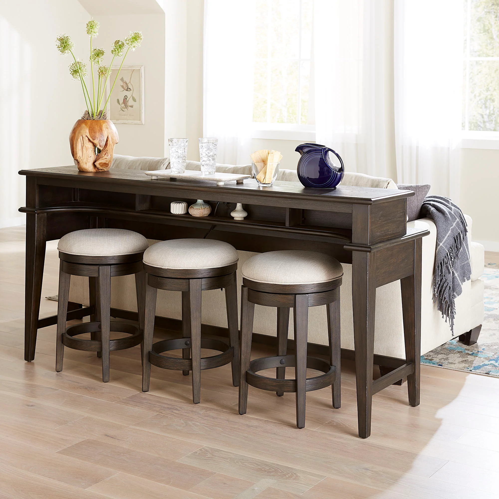 Mill Creek – 4 Piece Console Set (Bar Console & 3 Stools) – Peppercorn