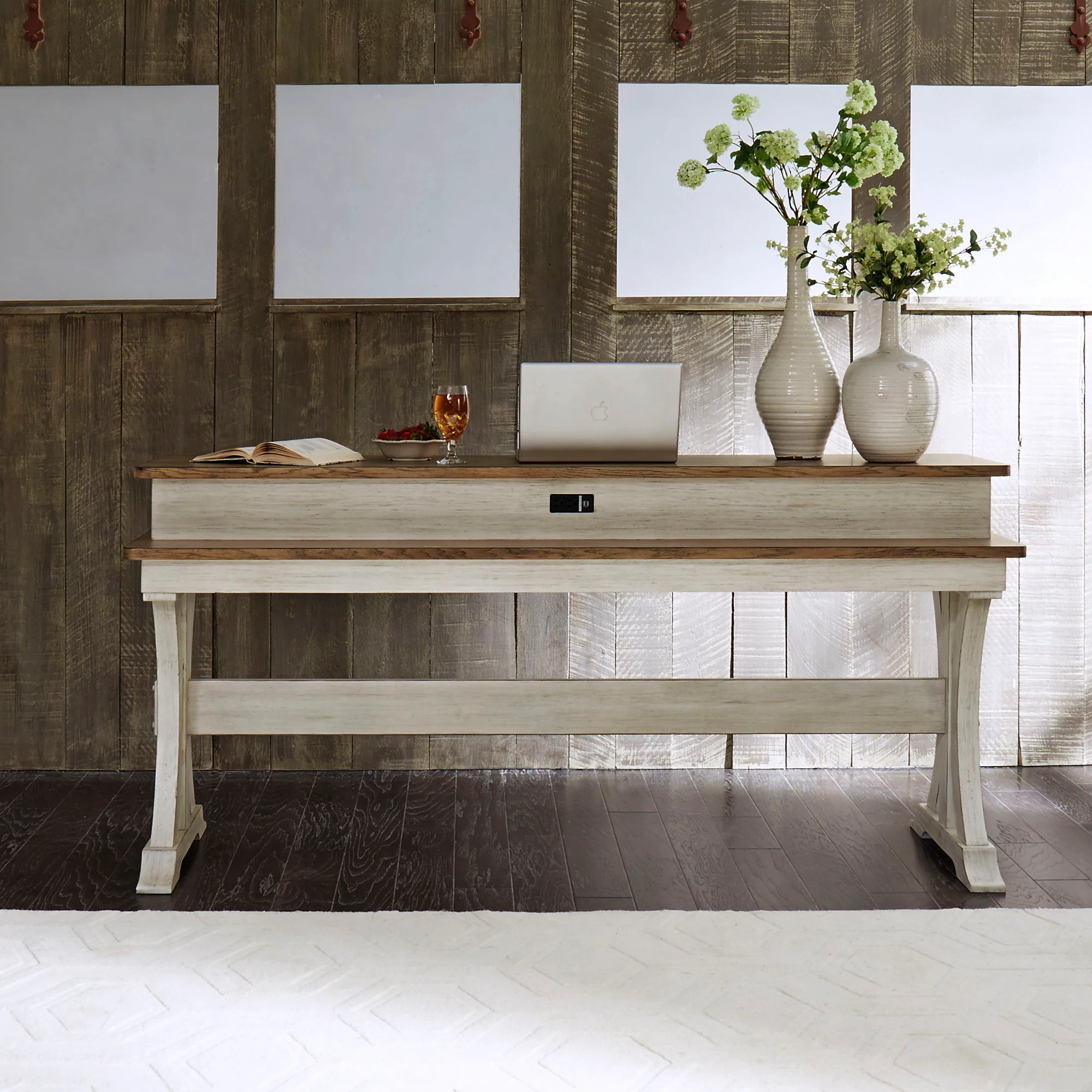 Farmhouse Reimagined – Console Bar Table – Antique White / Chestnut Tops