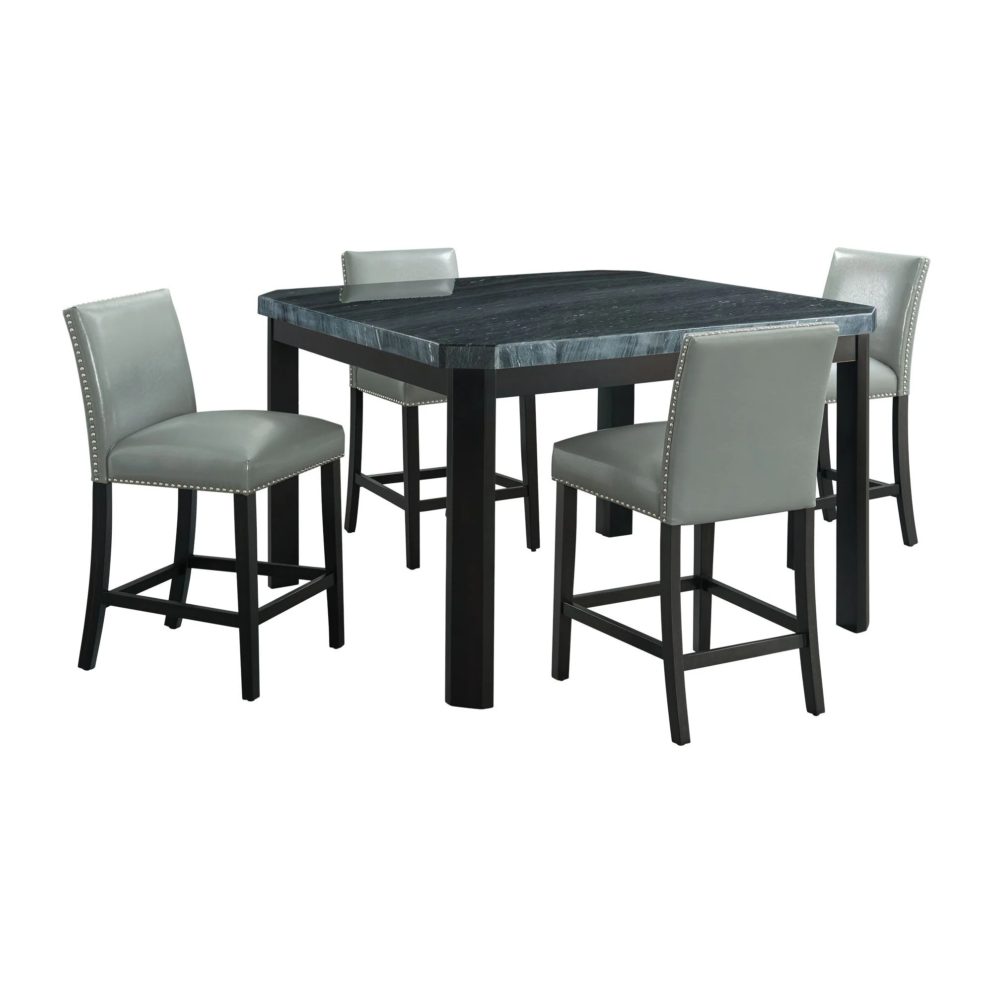 Francesca – Square 5 Piece Counter Height Dining Set, Table & Four PU Chairs – Gray / Marble