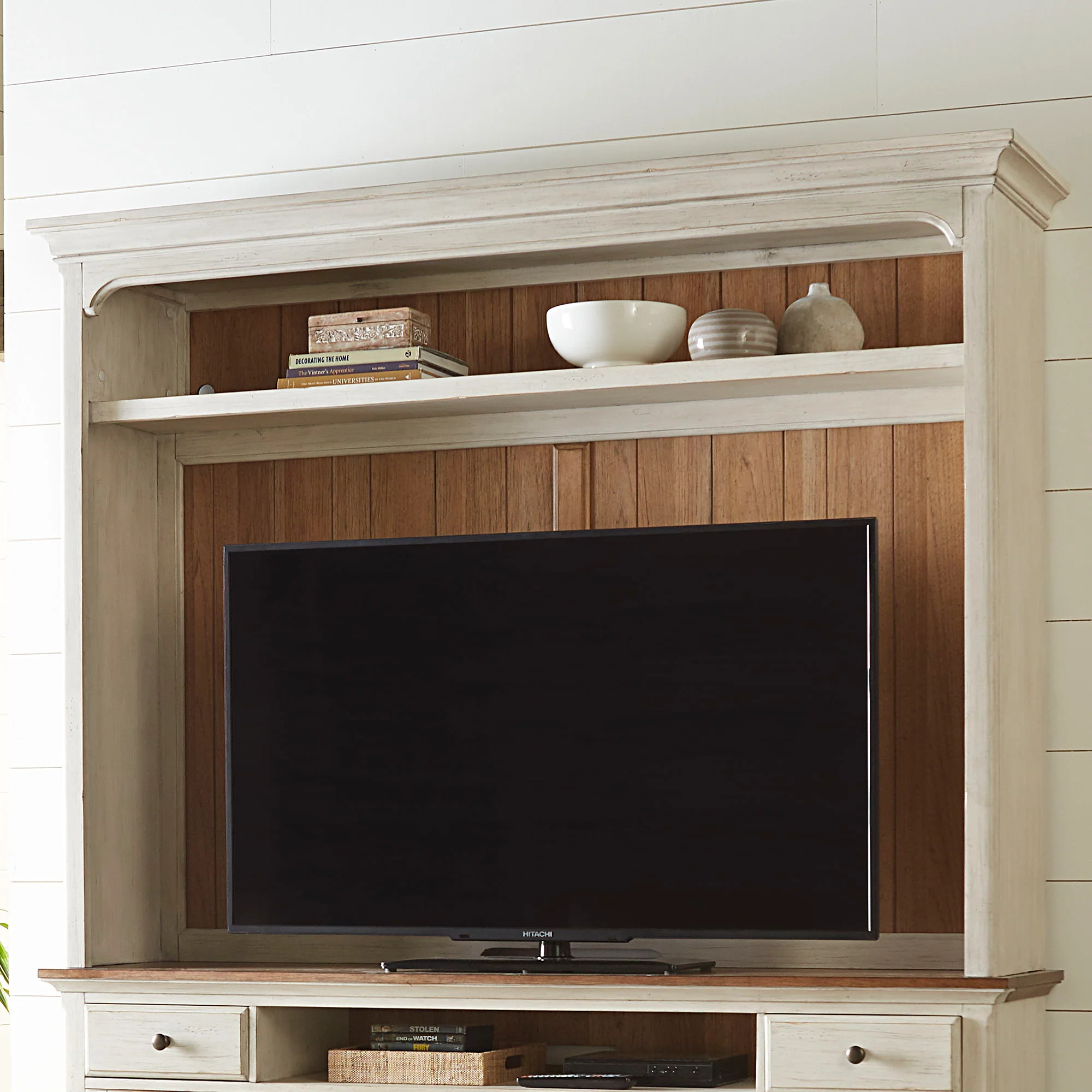 Farmhouse Reimagined – Entertainment Hutch – Antique White / Chestnut Tops