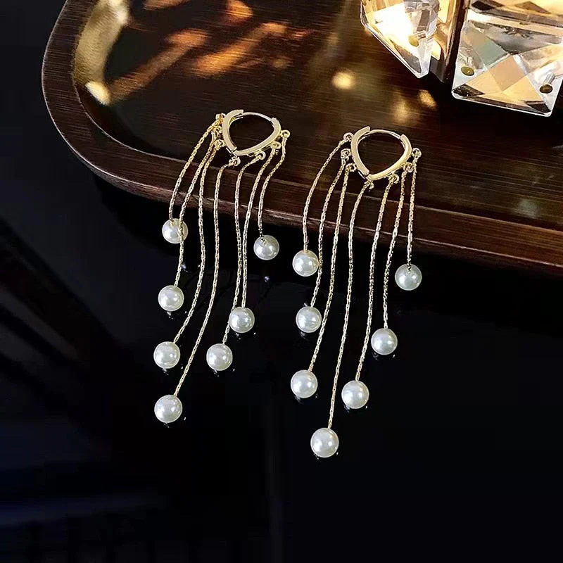 Exquisite Long Tassel Pearl Drop Earrings - Image 2