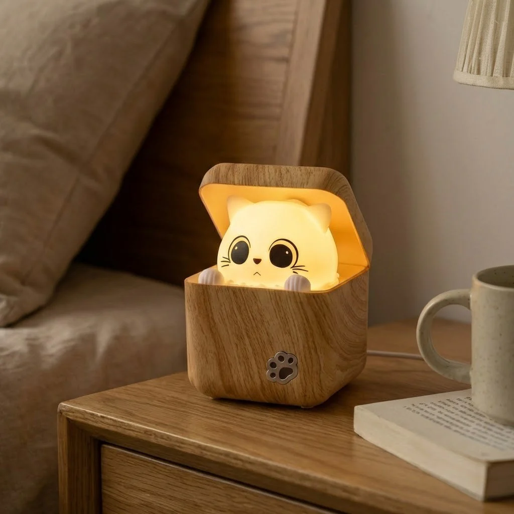 Cute Peekaboo Cat Wooden Night Light Lamp - Image 3