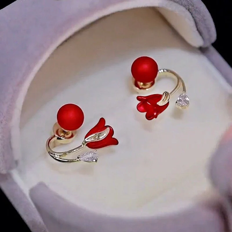Artistic Red Flower Korean Style Zircon Earrings - Image 3
