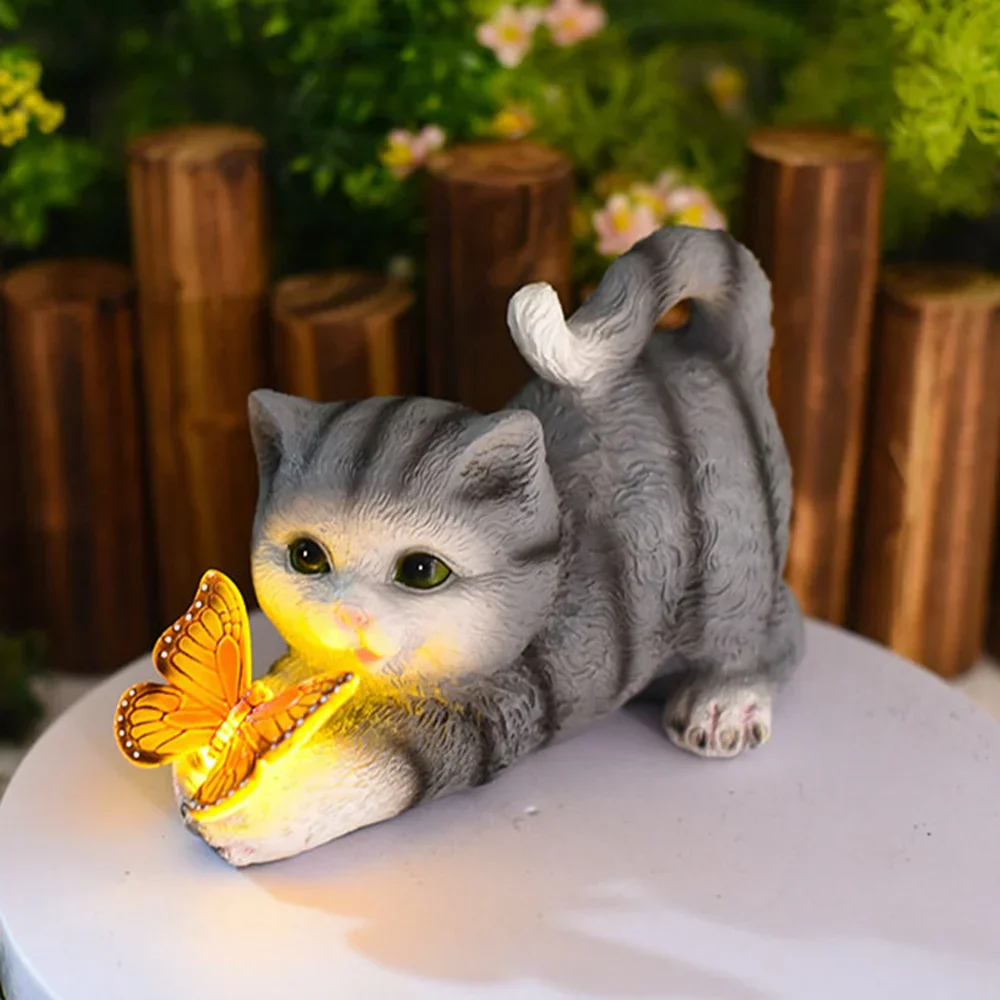 Butterfly Catcher Cat Resin Decorative Lamp - Image 1