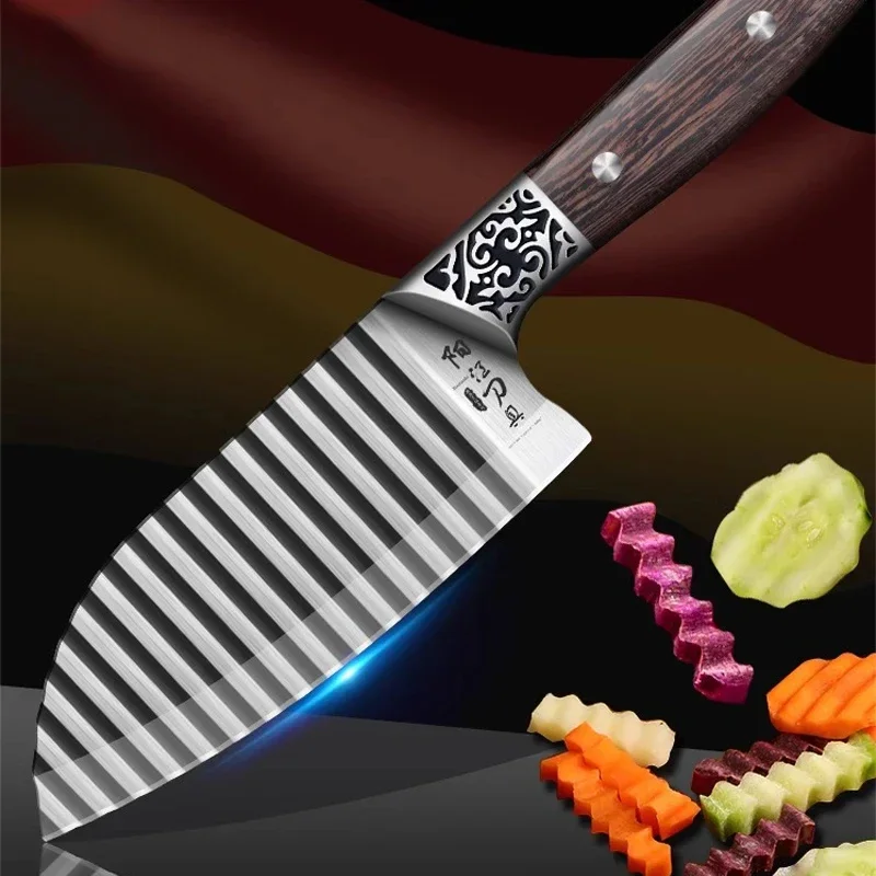 Wooden Handle Ribbed Design Kitchen Knife - Image 2