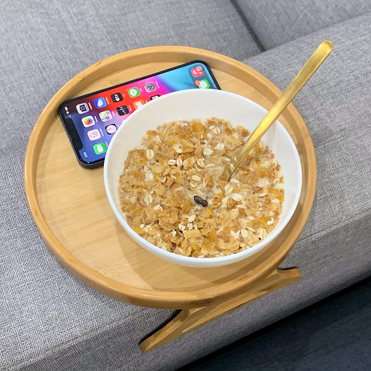 Bamboo Sofa Armrest Clip-On Round Tray - Image 3