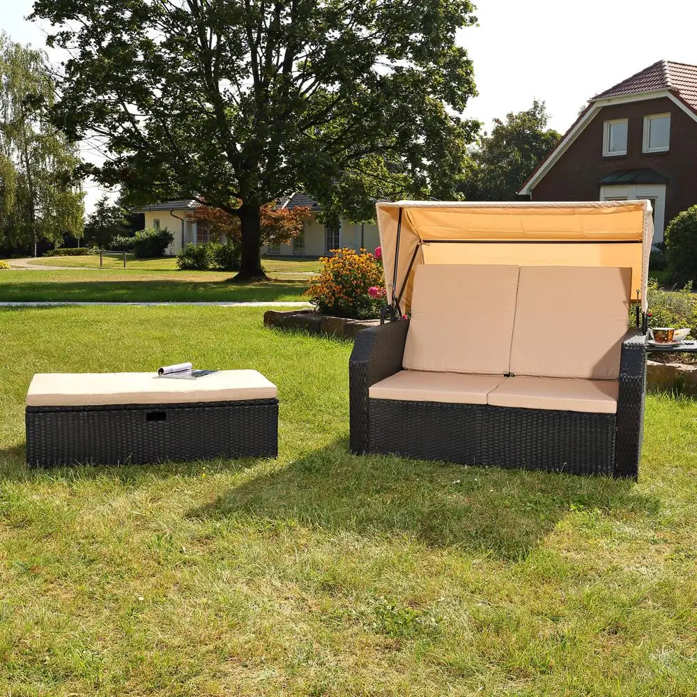 Foldable Sunshade Double Canopy Outdoor Lounge Sofa - Image 2