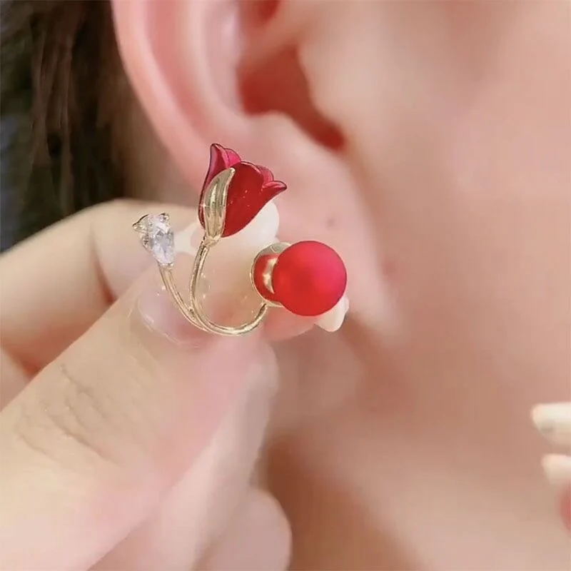 Artistic Red Flower Korean Style Zircon Earrings - Image 2