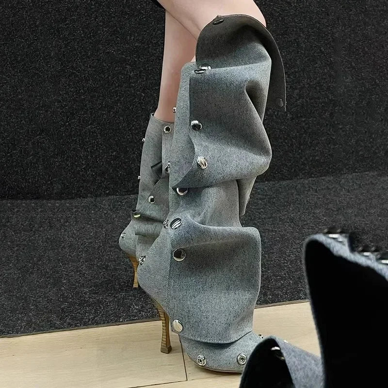 Long Denim Jean Women High Heel Boots - Image 3