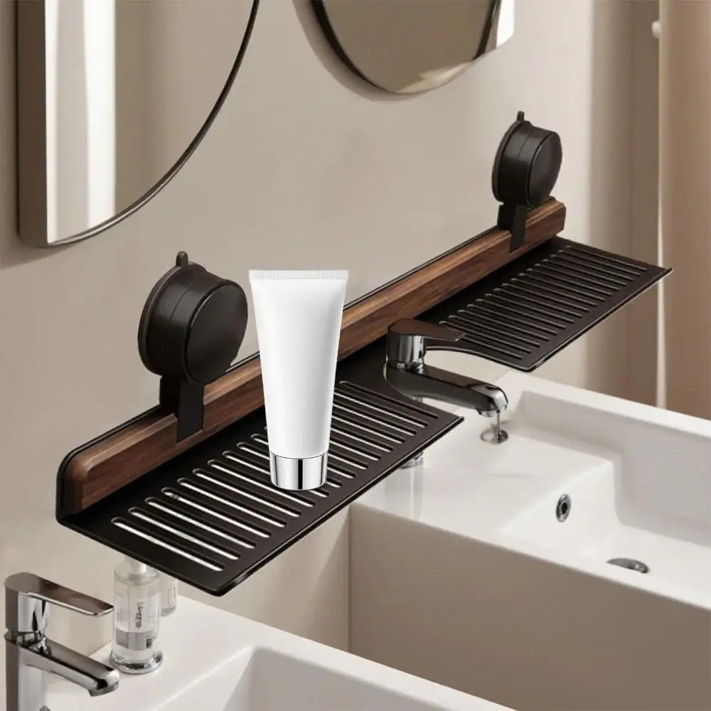 Over Sink Suction Cup Walnut Bathroom Rack - Image 3