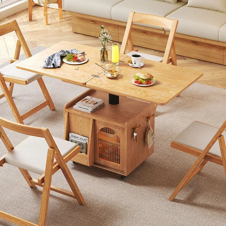 Japandi Natural Wood Liftable Wheeled Accent Table - Image 3