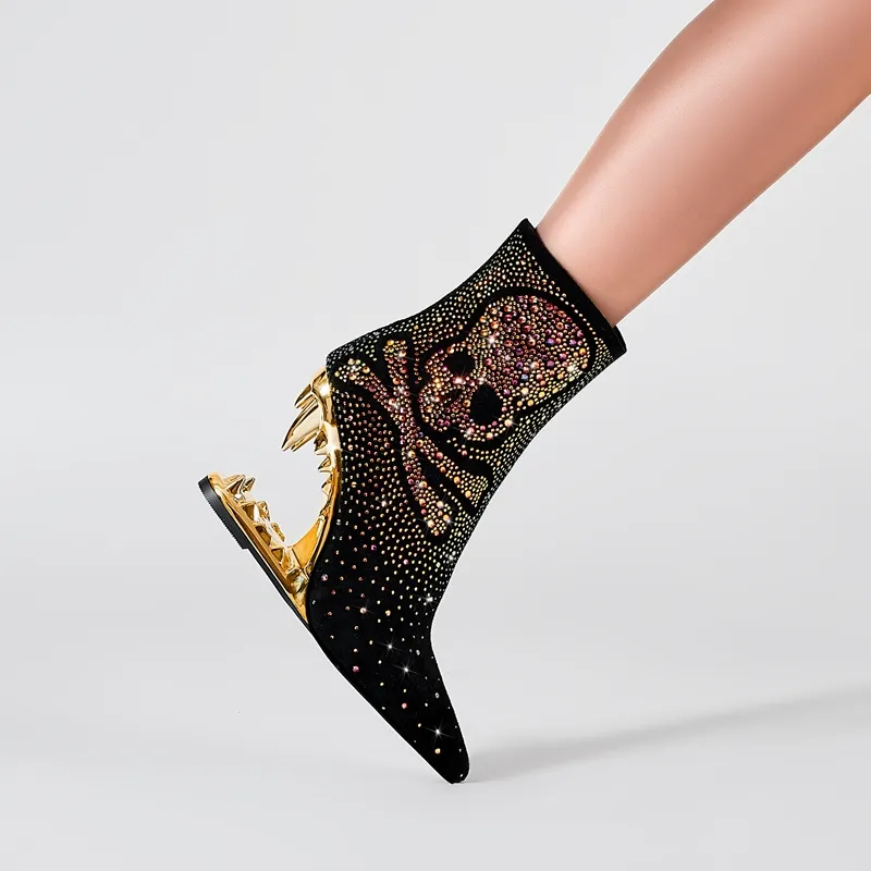 Tiger Gleam Rhinestone Skull High Heel Shoes - Image 2