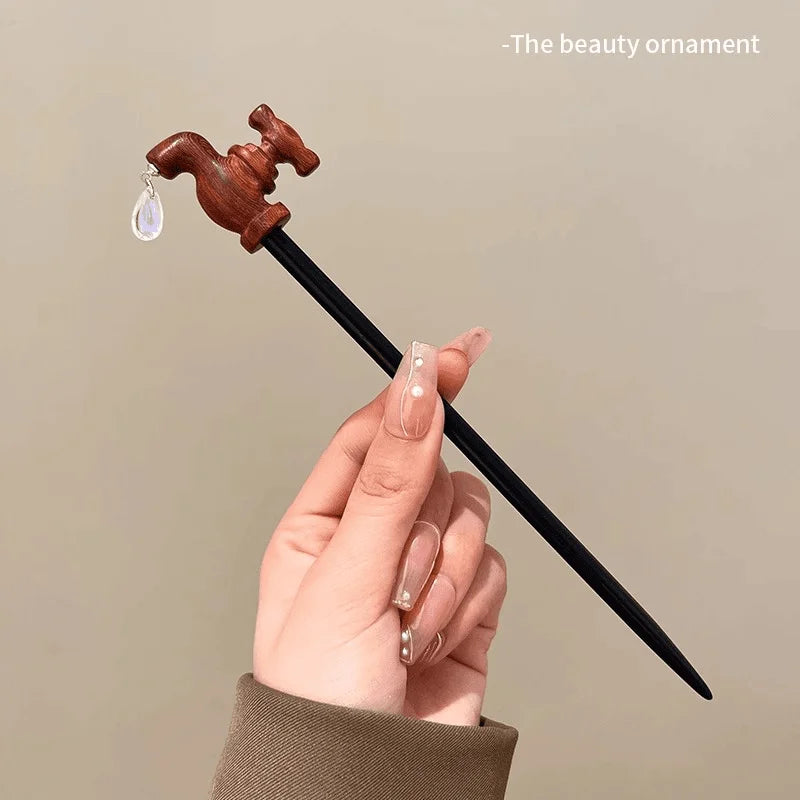 Vintage Wood Faucet Water Drop Hairpin - Image 3